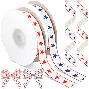 20 Yards Patriotic  Ribbon  5/8 Inch   Herringbone Twill Fabric Ribbon Red Blue  Trim for 4th of July Independence Day 250th Anniversary Crafts  Wrapping 2 Rolls