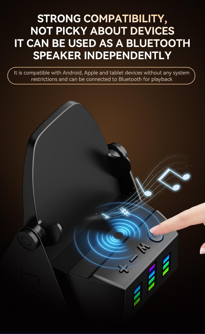 5-in-1 Wireless Induction Speaker Phone Stand，360° Adjustable，Power Bank，RGB Ambient Light，Universal Gift for Men Women