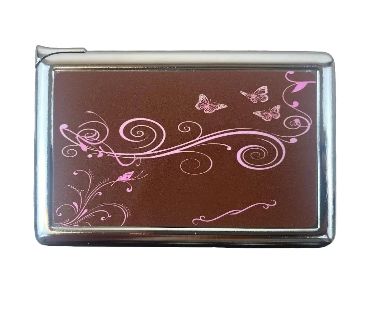 Girly y2k Brown and Pink Butterfly Swirl Tuscan Design Metal Case with Built in Lighter