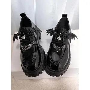 Women's Fashionable Chain Decor Plain Platform Loafers, Casual Star & Wing Design Platform Loafers For Daily Wear