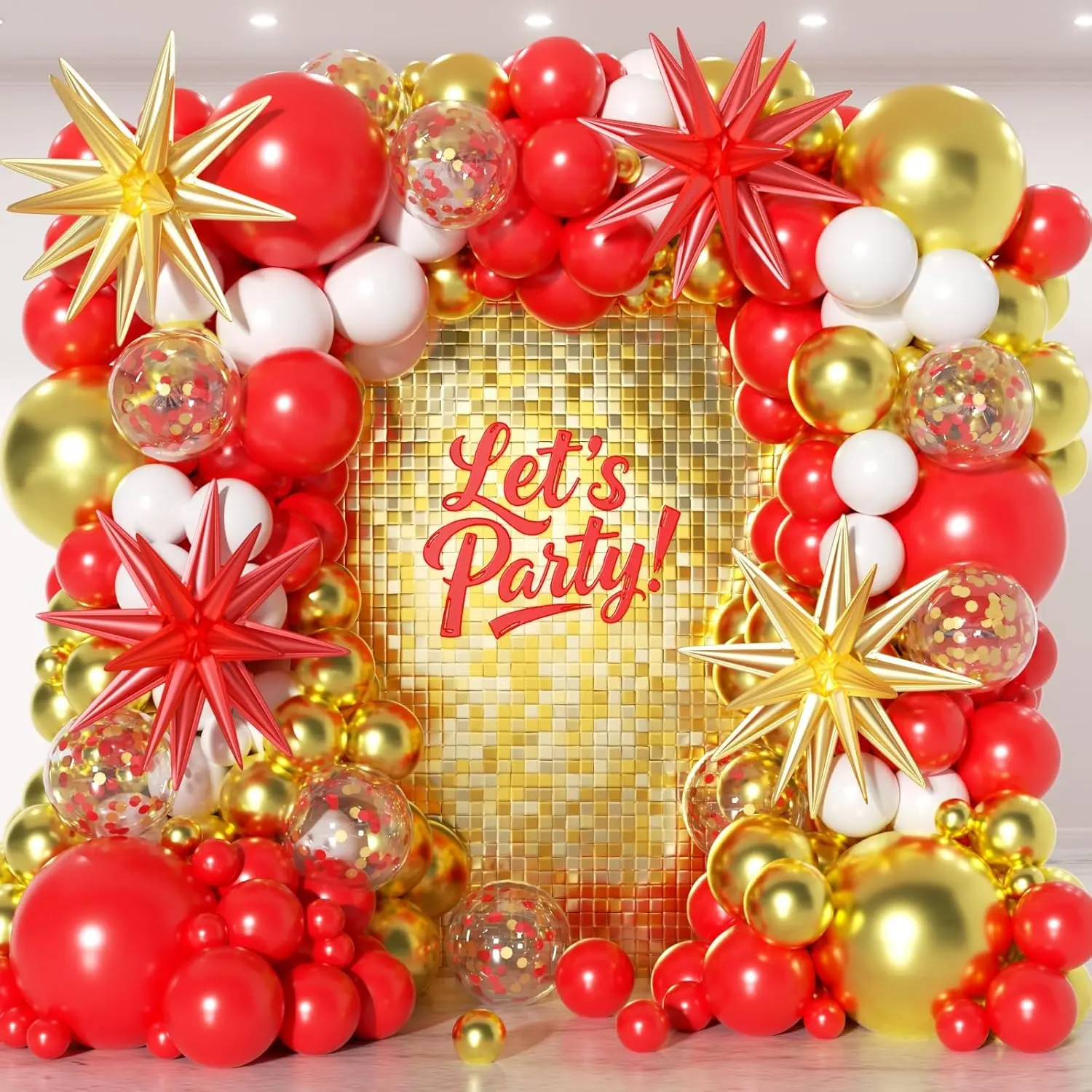153-Count Red & White Balloon Garland Arch Kit with Stars - 22,18,12,10,5in Metallic,Confetti Latex Balloons for Birthday,Valentine's Day Decor,Photo Backdrops,Baloon Party Supplies, Balloon Party Supplies