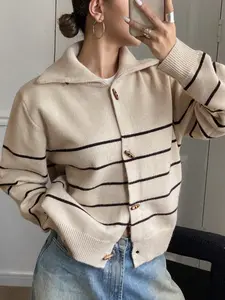 Autumn Winter Striped Button Front Sweater Coat, Fashion Casual Loose Elegant Knitwear Outerwear, Stylish Women's Clothing