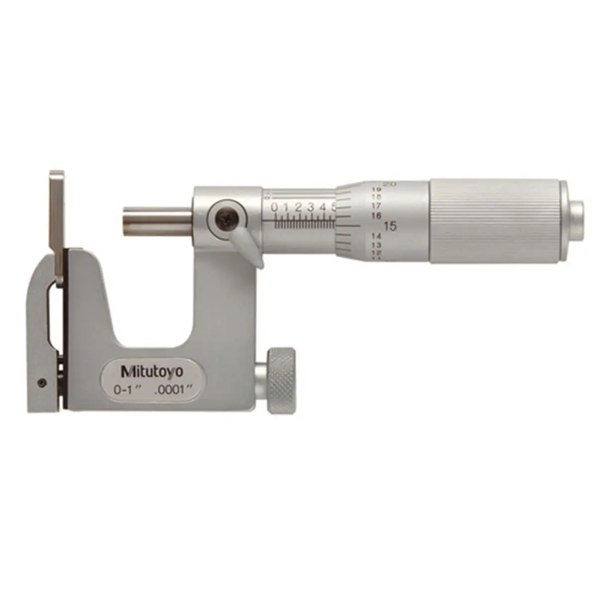 Mitutoyo Interchangeable Anvils Micrometer - 0-1 in. Measuring Instrument, Friction Thimble, Carbide Spindle Face, Vernier Scale, Satin-Chrome Frame, Mirror Surfaces, Shoulder-Edge Distance Measurement, .0001 in Graduation, Micrometers