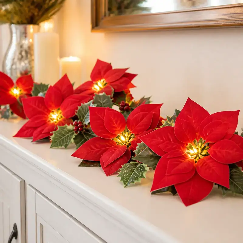 Christmas Poinsettia LED String Lights - 9.84ft Long 20 LED Bulbs Red Berry Holly Garland, 3 AA Battery Operated with Steady & Flashing Modes for Ornaments, Photo & Holiday Decoration