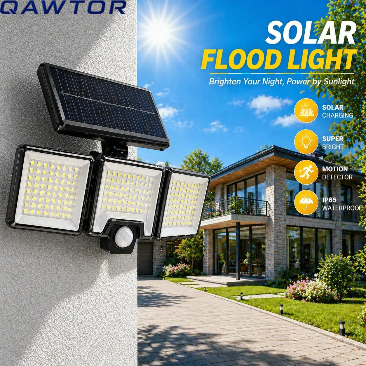 Solar Motion Sensor Outdoor Light, 3-Head 300 LED Security Floodlight with Remote Control, IP65 Waterproof Adjustable Wall Lamp, Solar Powered Exterior Light for Garden, Garage, Yard, Porch, Driveway