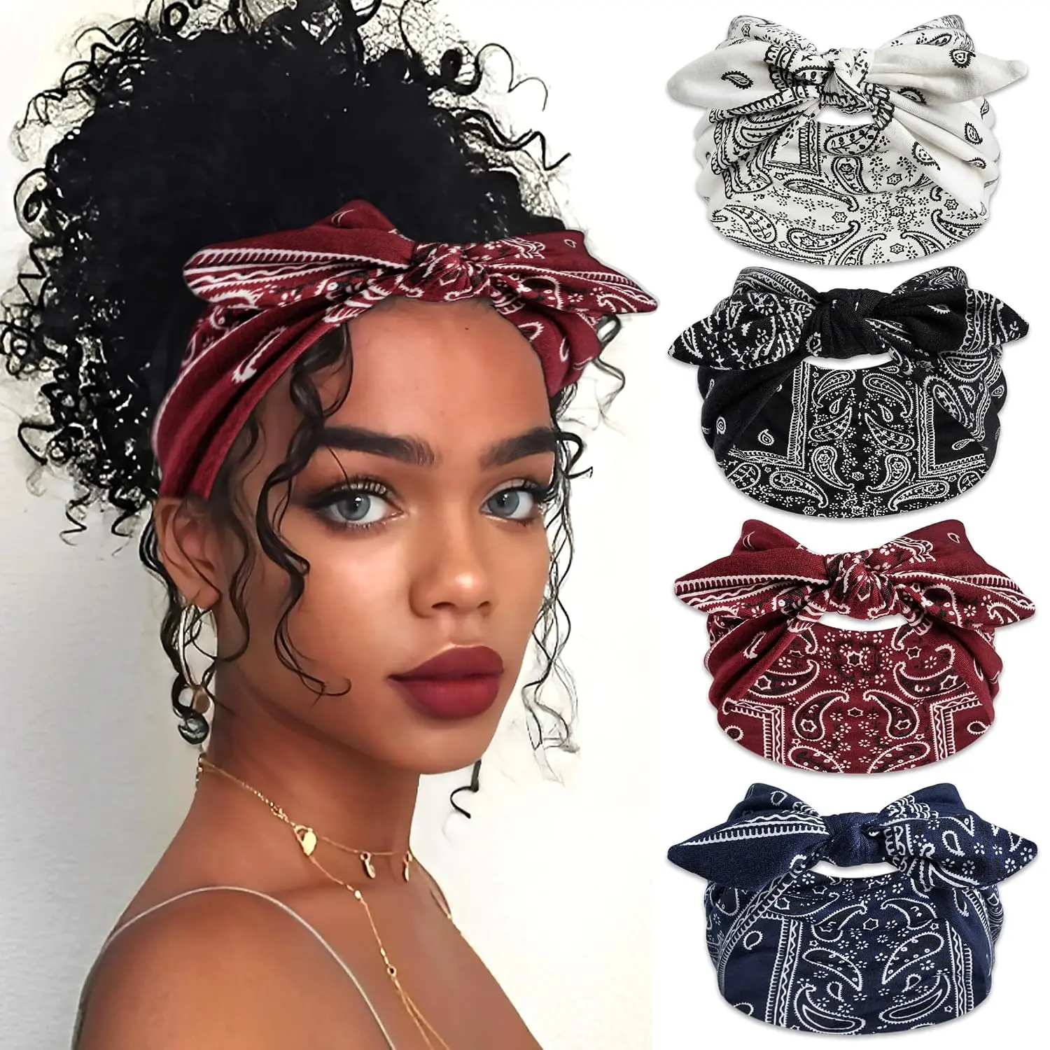 4 Pcs Wide Headbands for Women Paisley Print Bow Hair Bands Non Slip Rabbit Ears Hair Bandana Exercise Stretchy Head Turban Workout Hair Wraps Accessories