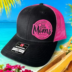 Proud member of the Hot Mess Moms Club leather patch on Richardson trucker hat