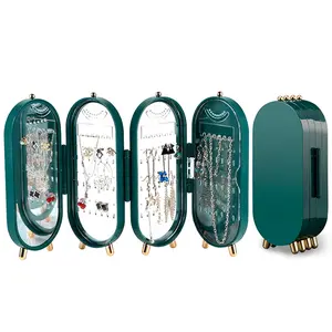 PrimPick Foldable Earring Holder Jewelry Organizer Box with Mirror, Mirrored Jewelry Storage, 4-Layer Dustproof Earring Necklace Display Stand Jewelry Box with 153 Holes for Women and Girls, Gifts for Girl