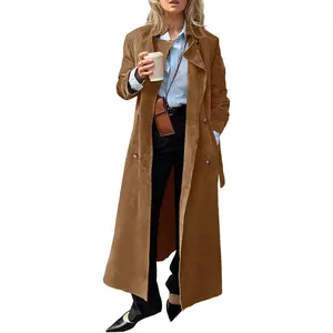 PASLTER Womens Long Trench Coat Fall Faux Suede Jackets Double Breasted Lapel Pea Coat with Belt
