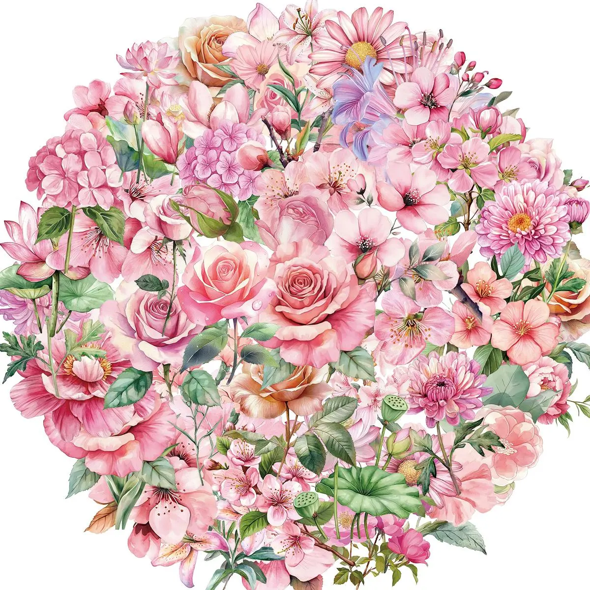Pink Flower Pattern Sticker, 50pcs/set Waterproof Self Adhesive Decor Paper, Decor Sticker for Gift Greeting Card Water Bottle Laptop Phone, Ornaments