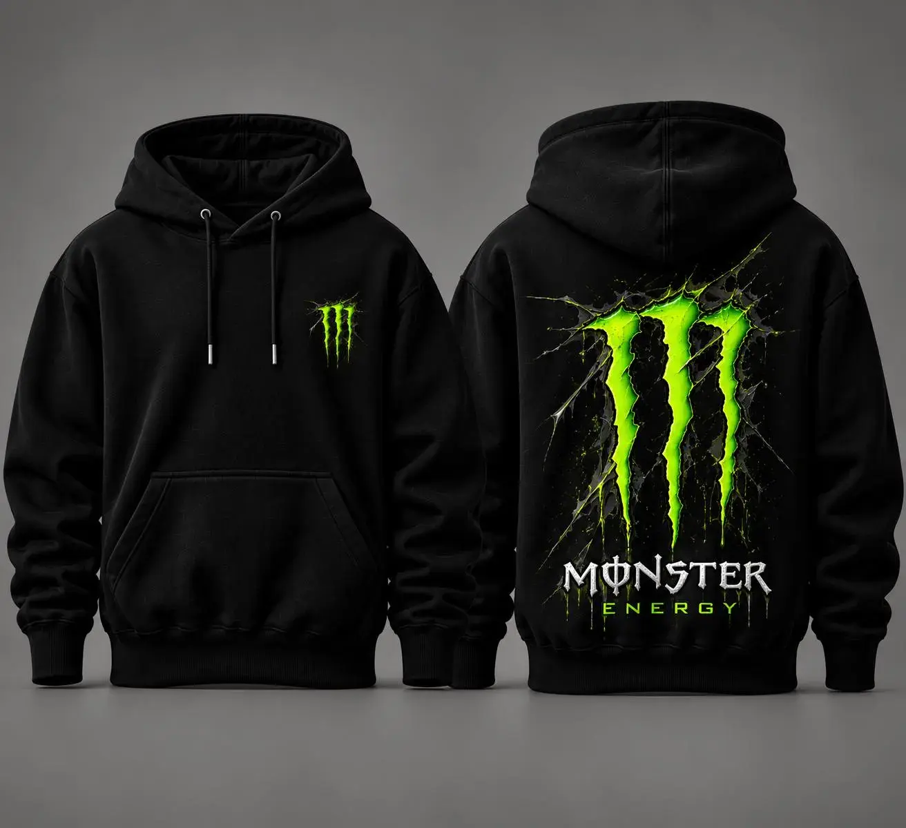 Monster Energy Logo Pullover Hoodie, Black Neon Green Graphic Sweatshirt, Casual Streetwear for Men Women