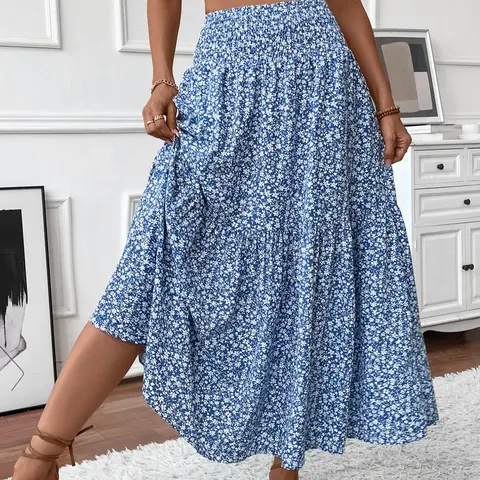 Plus Size Women's Floral Print Long Skirt, Casual Bohemian Fitted Skirt for All Seasons, Womenswear Comfortable Moderate Thickness Fabric, Boho Skirt, Boho Casual Skirts, Floral Printed Skirt