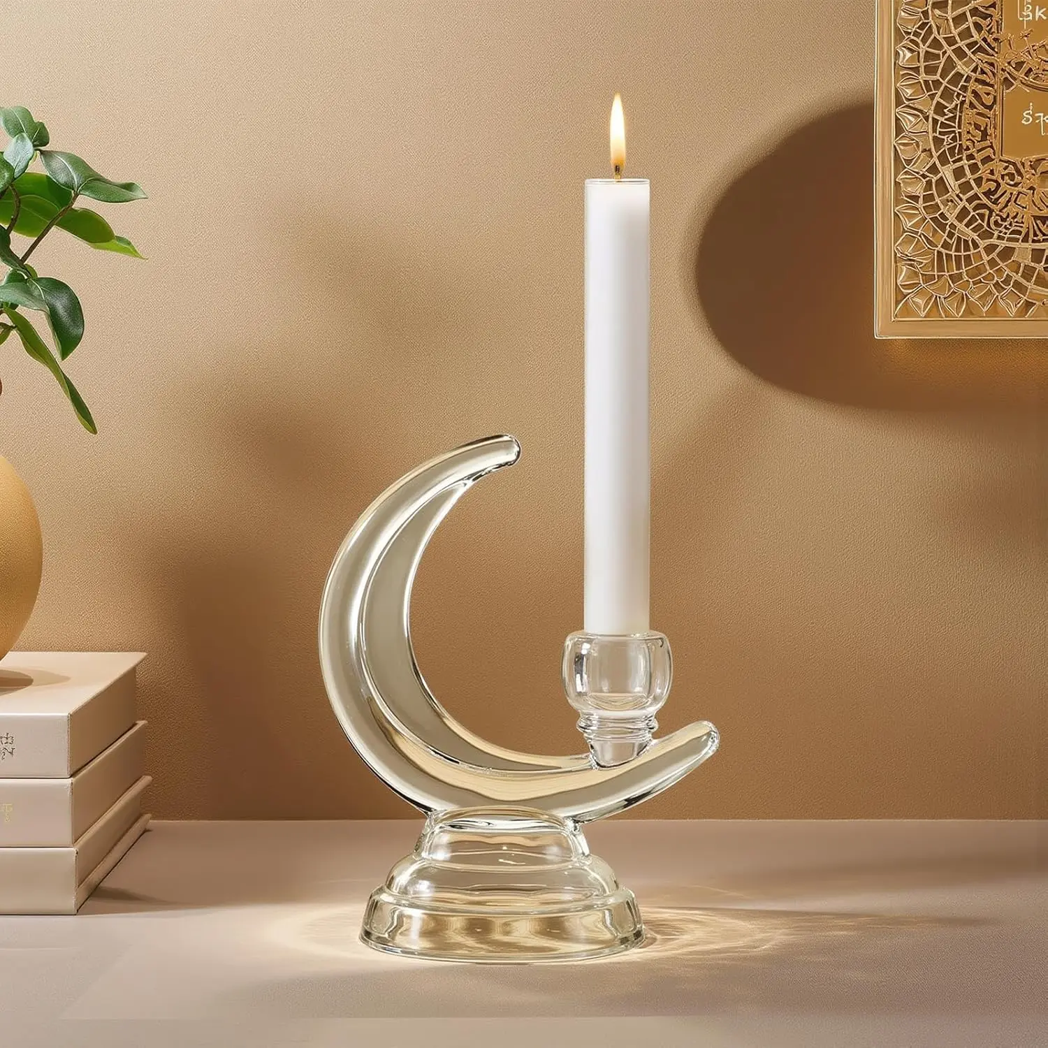 Glass Candle Holder  Crescent Moon Ramadan Modern Candlestick Candelabra for 3/4'' Taper Candles Sticks Decor Centerpiece Dining Table Christmas Party Wedding Home