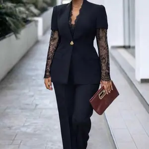 Elegant Black Lace Trim Suit Set for Women - Stylish Blazer & Pants Combo - Perfect for Office & Formal Events