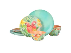 Laurie Gates Tropical Parrots 12 Piece Melamine Dinnerware Set in Assorted Designs