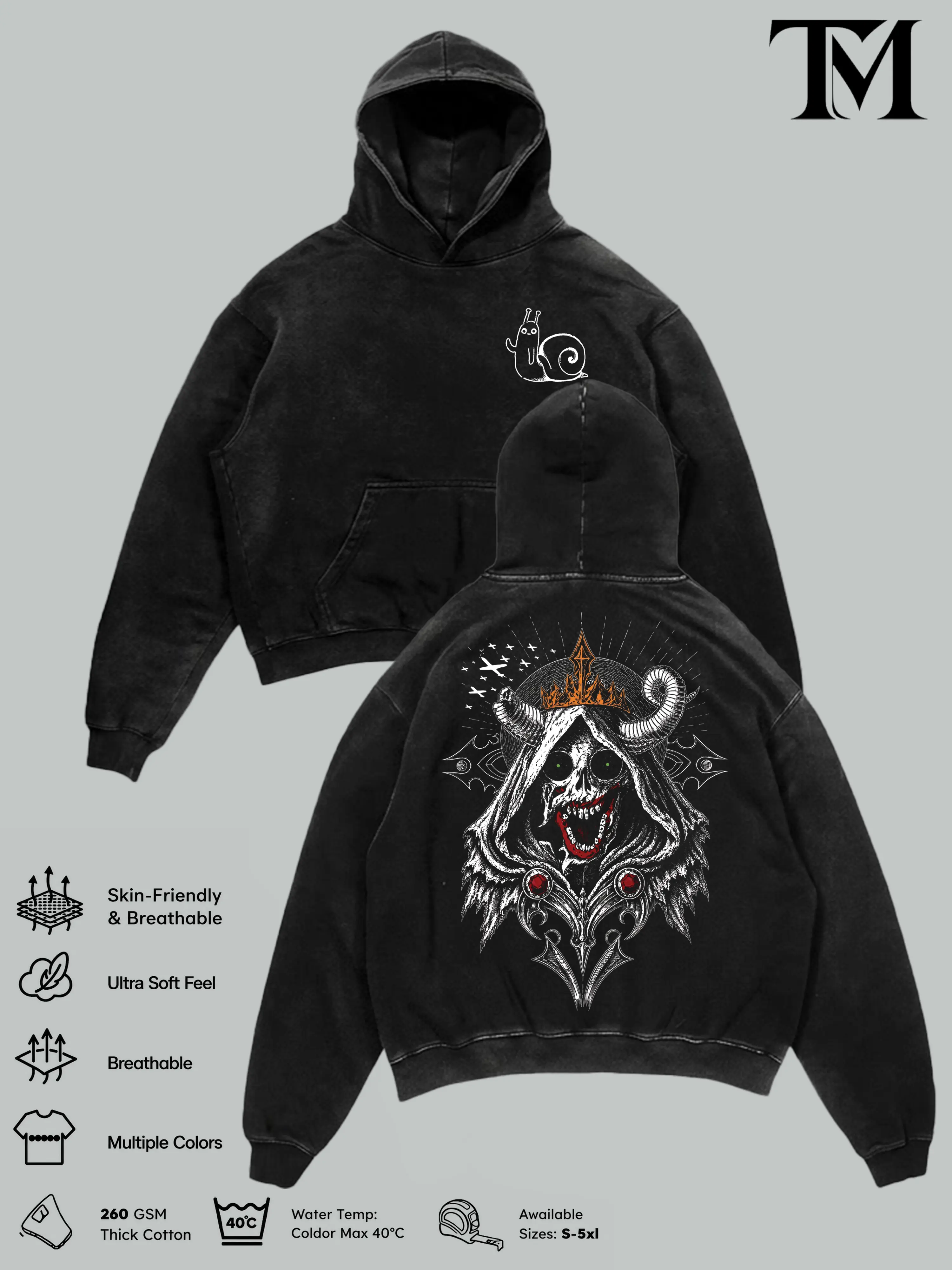 The Lich Adventure Time Vintage Washed Oversized Hoodie & T-Shirt, Dark Fantasy Cartoon Graphic Pullover, Double Printed Skull Demon Art, Heavy Cotton Streetwear, Unisex Retro Grunge Anime Style Shirt