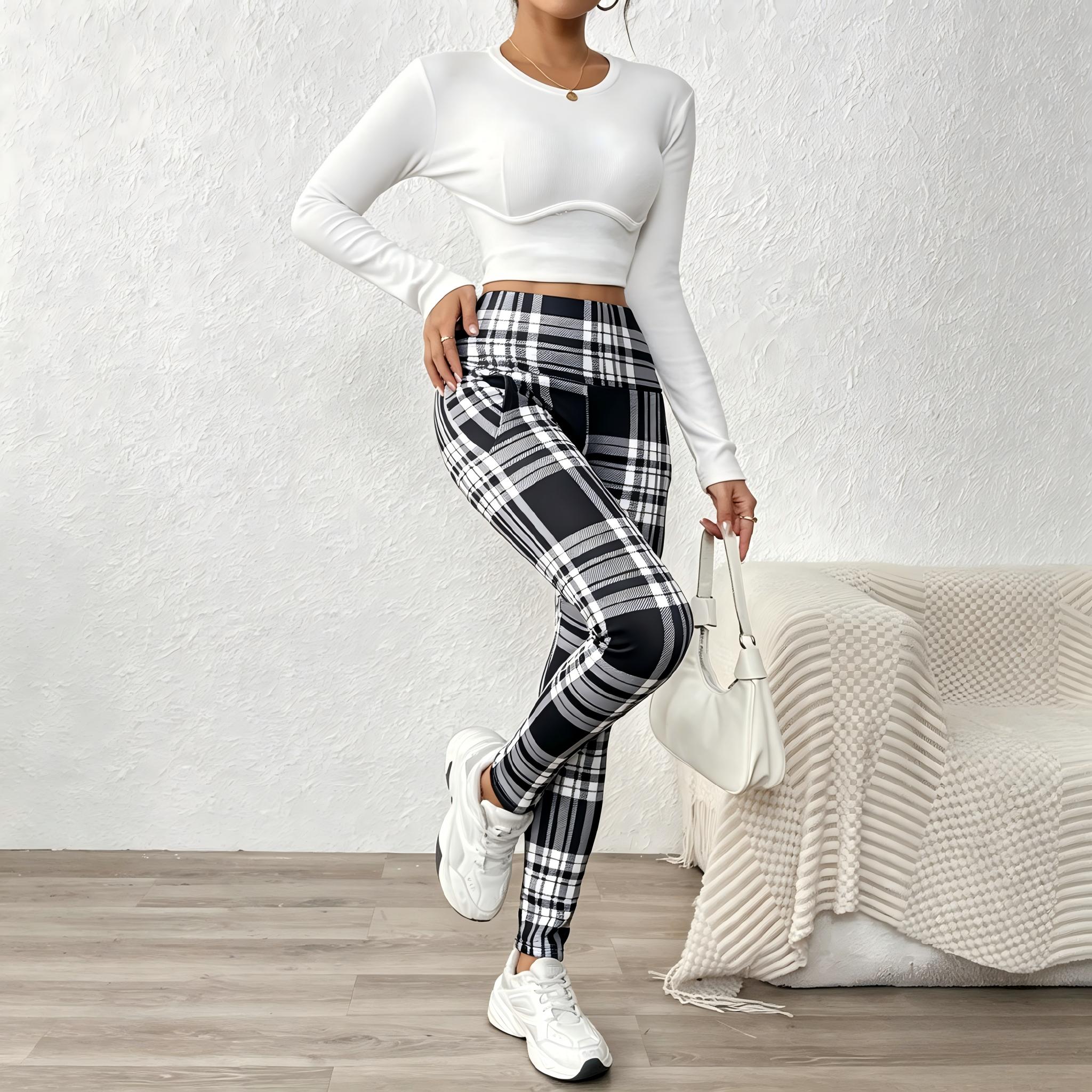 Women's Plaid Print Thermal Lined Thick Leggings Casual Comfy High Waist Skinny Pants for Daily Wear Ladies Bottoms for Winter Fashion Womenswear