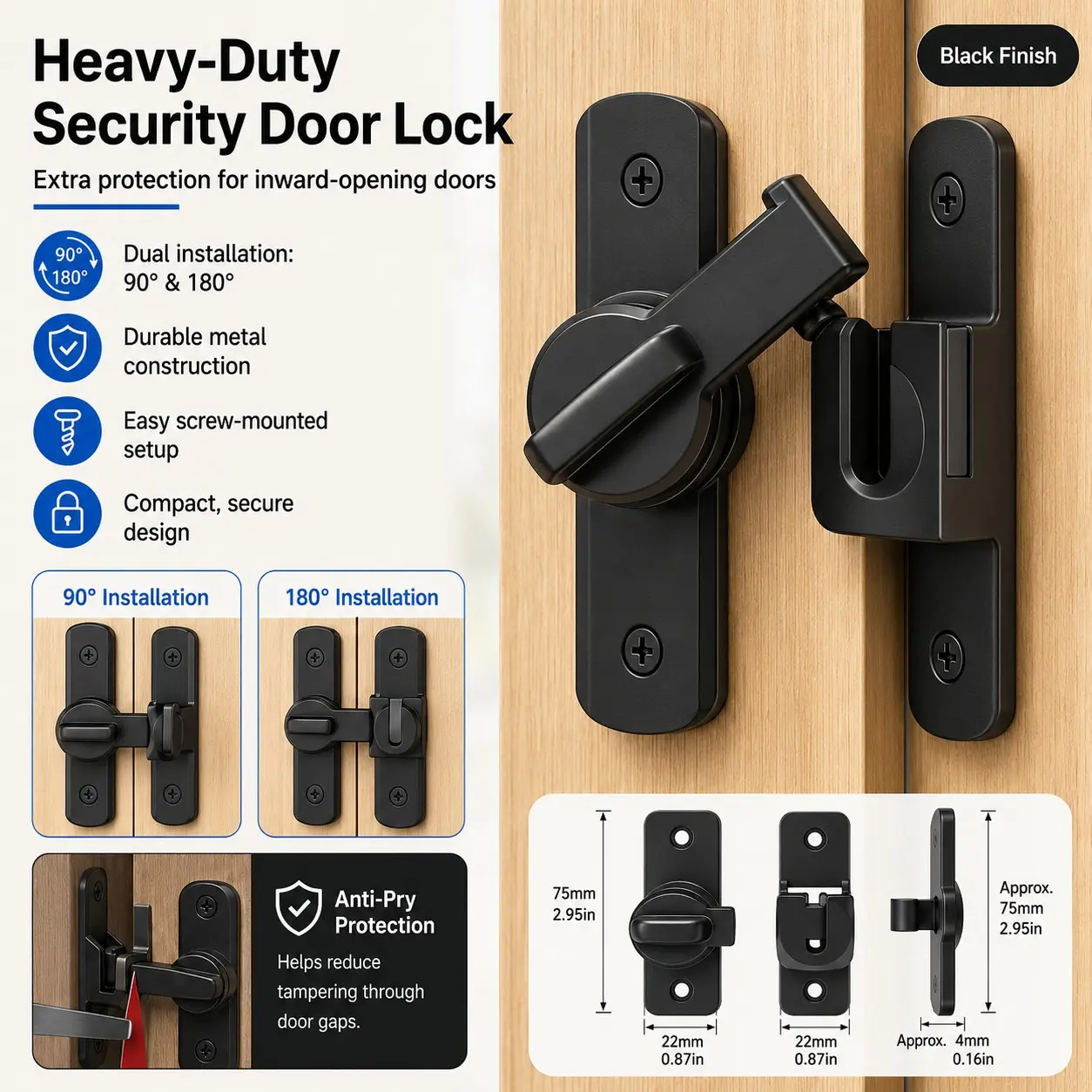 Duty Anti-Theft Door Locks with Adjustable Sliding Bolts  CommercialResidential Grade, All-Black Heavy-Duty Construction, Easy-to-Install Lever Handle Locks, Keyless Entry and Emergency, Security Lock, Door Hardware (Model: DM358-2728)