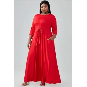 Xpluswear Plus Size Red Holiday Printed Maxi Dress, Knitted 3/4 Sleeve Round Neck Casual Long Dress with Pocket, Semi Formal