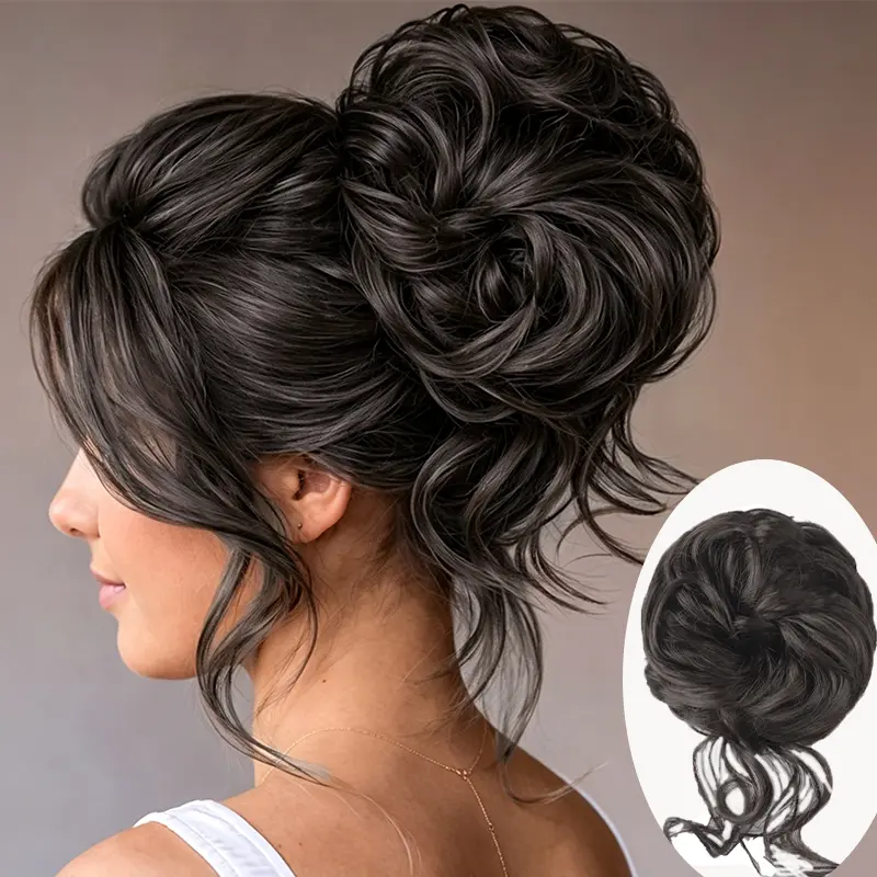 1 PCS  Messy Bun Hair  Piece for Women Tousled Updo Hairpieces Curly Wavy Buns Extension Scrunchie with Tendrils Natural Fake Hairbun for Daily Use Quick Style Plate