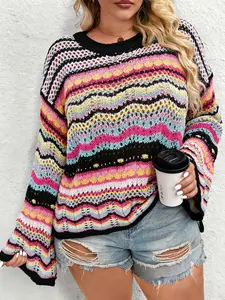 Women's Summer Spring Plus Size Striped Hollow Out Patchwork Knit Sweater, Loose Fit Rainbow Round Neck Pullover, Ideal for Beach Vacation Knitwear