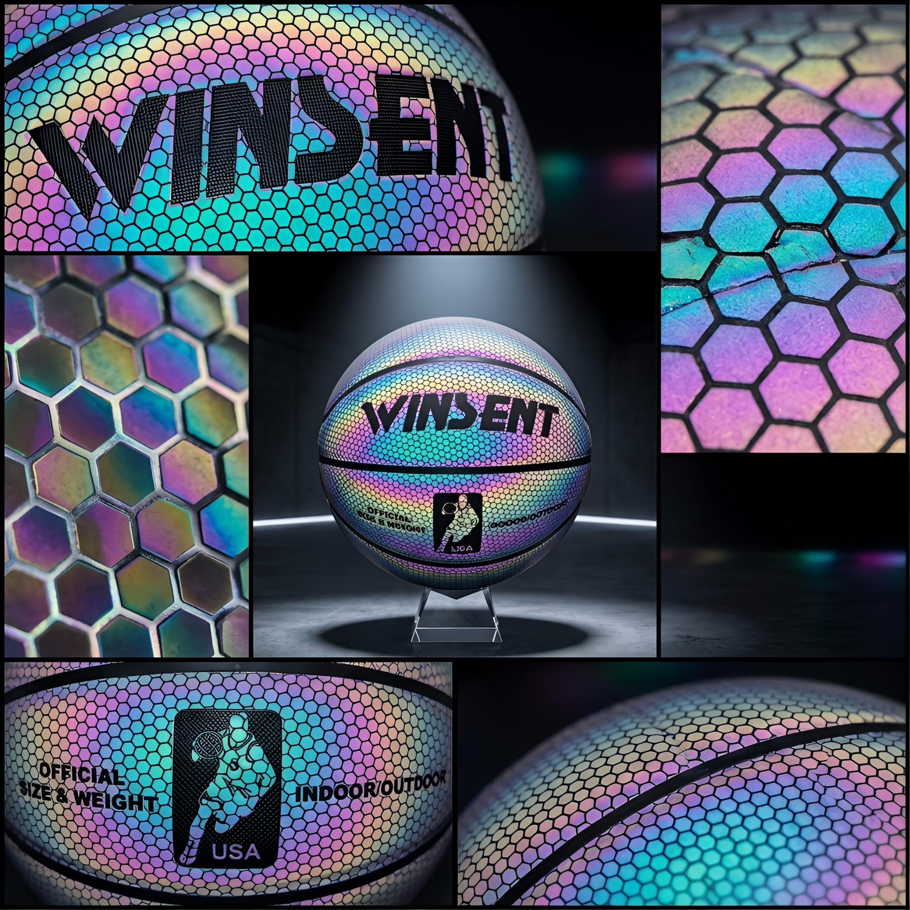 Holographic Reflective Basketball, Glow In The Dark, Official Size 7, Indoor/Outdoor Pro Ball