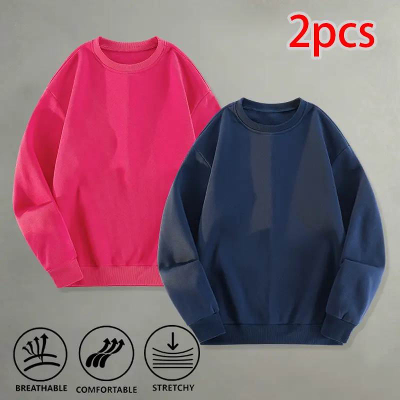 Basic white crewneck pullover sweatshirt two-pack, loose-fit long-sleeve streetwear sweatshirts suitable for everyday wear by both male and female teenagers.