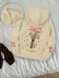 Women's Floral & Letter Pattern Drop Shoulder Half Zip Hoodie, Flower Hoodies, Fashion Casual Long Sleeve Hooded Sweatshirt, Casual Cozy Pullover for Daily Holiday Outdoor Wear, Women Clothes for Fall & Winter