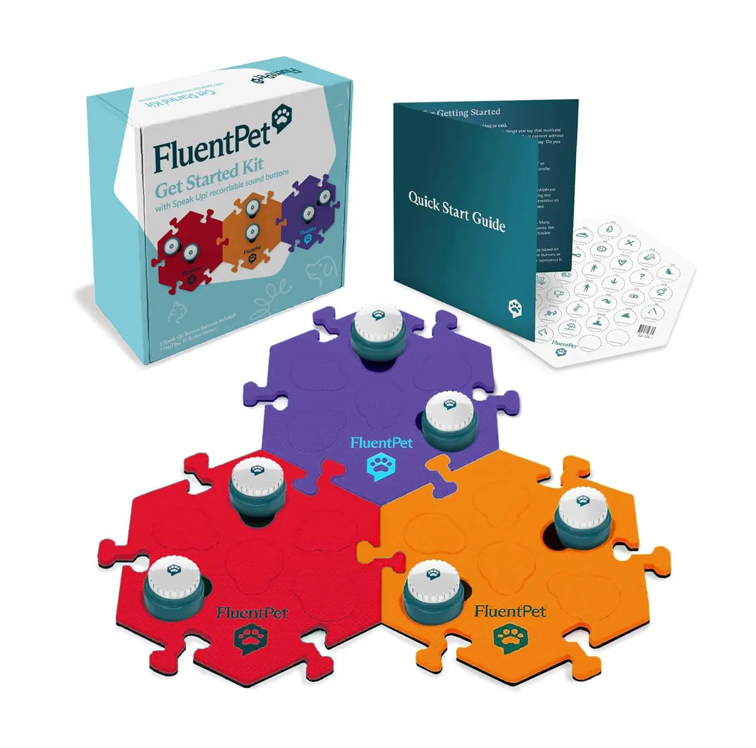 FluentPet Speak Up! Get Started Kit with Clearer Upward-Facing Sound | 6 Recordable Buttons w/Pre-Installed Batteries & 3 HexTile Button Mats | Training Dog & Cat Communication Buttons