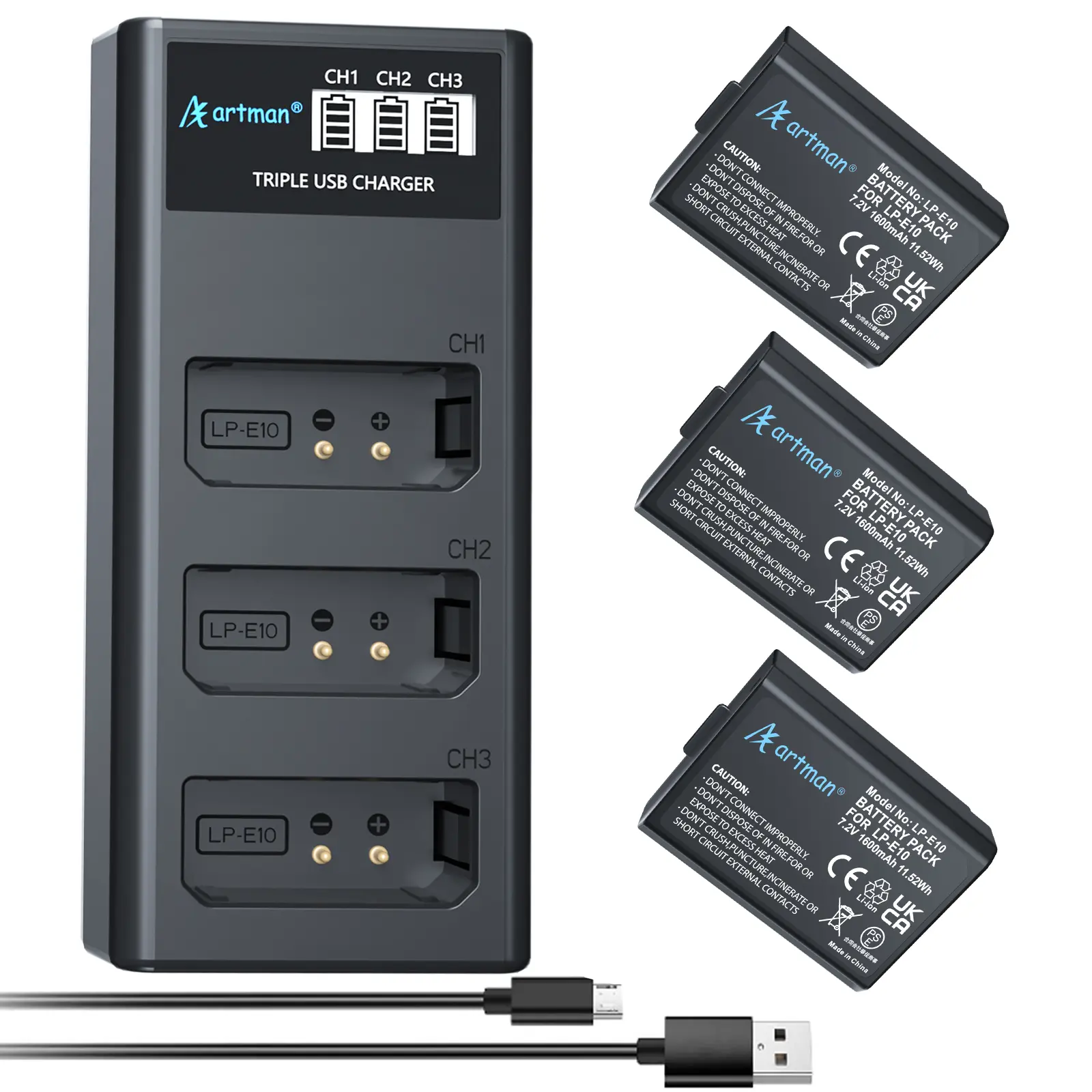 Artman 3-Pack LP-E10 Batteries 1600mAh for Canon EOS Rebel T7 T6 T5 T3 T100 Kiss X50 Kiss X70 EOS 1100D 1200D 1300D 2000D with Triple Slot LCD Charger
