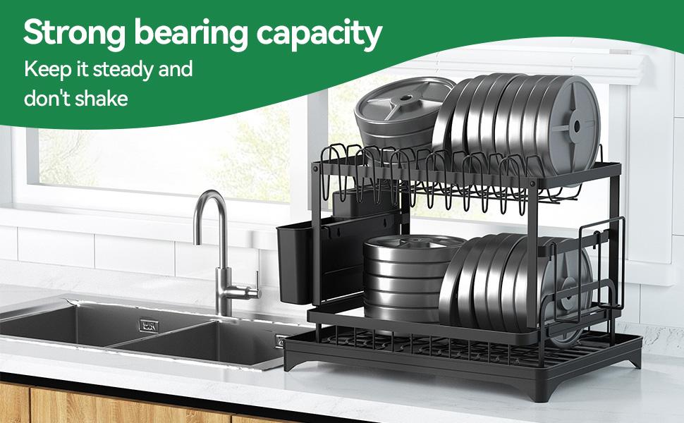 Bepatio 2-Tier Carbon Steel Dish Drying Rack with Drain Tray  Stable Anti-Slip Kitchen Counter Organizer for Plates Bowls