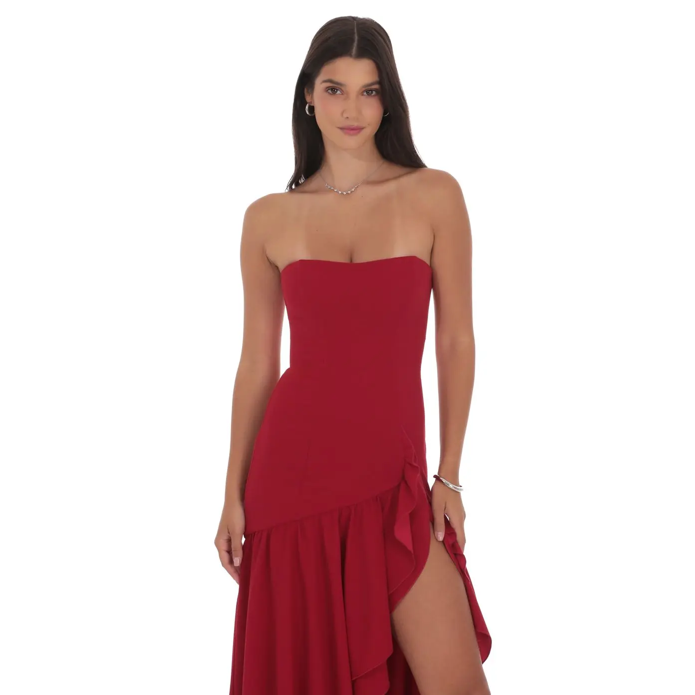 open lace back dress Blitz Eyelet Ruffle Hem Strapless Dress Maroon – Expectations Too