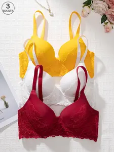 3-piece Sexy Lace Patch Everyday Bra with Underwire and Hook-and-Eye Closure, Comfortable, Soft, Skin-Friendly, Lightweight, and Breathable, Non-Removable Padding, Adjustable Straps, Beautiful Back, High-Quality Sexy Women's Bra