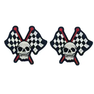 2PC Skull Checkered Flag 3x3 Inch Iron on Sew on Patch for Uniforms and Clothing
