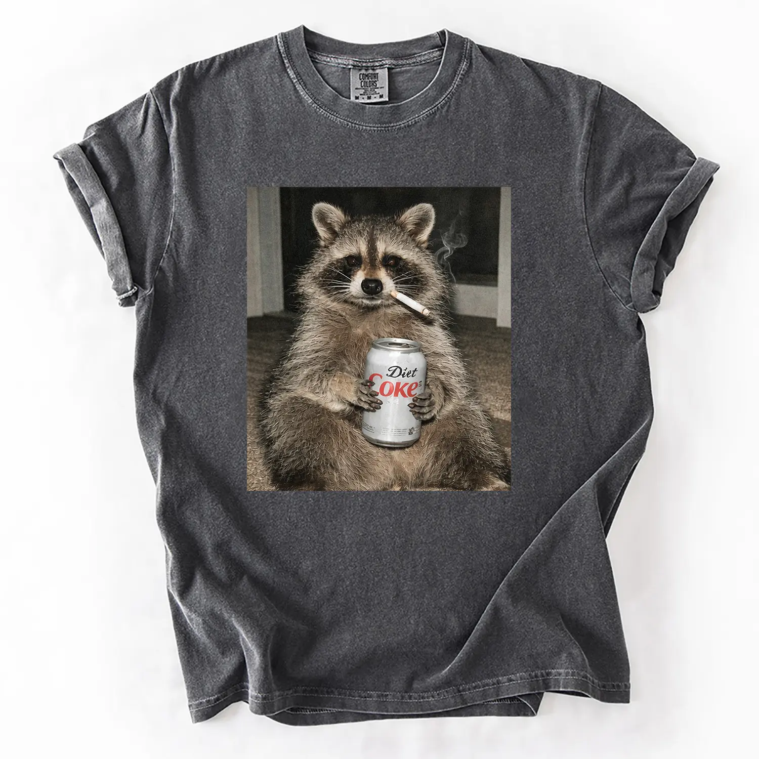 Three Raccoons Diet Coke Smoking Comfort Colors T-Shirt with a funny Gen Z dank meme vibe, trendy cotton streetwear top and playful graphic gift for men and women alike.