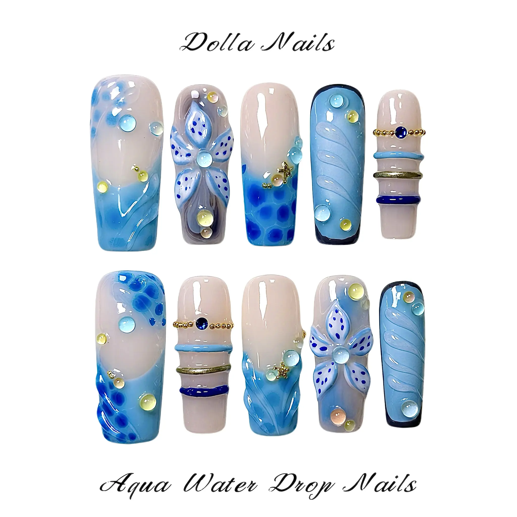 Dolla Nails Reusable Ocean Style Press-Ons, Handmade Long Square Acrylic-Free False Nails with Blue Water Ripple and 3D Rhinestones, Acrylic-Free Press On False Nails, Vivid Gel Press On False Nails