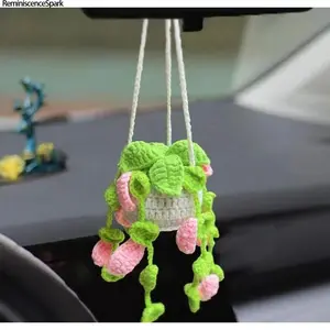 1pc Handmade Crochet Hanging Plant Car Accessory – Cute Boho Knitted Car Mirror Hanger Decor, Lightweight Car Interior Ornament, Perfect for Women’s Car Decoration & Daily Vehicle Styling