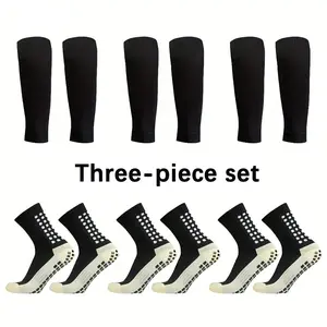 3 Set Soccer Anti-Slip Socks with Leg Guards Set, Breathable Solid Color for Kids