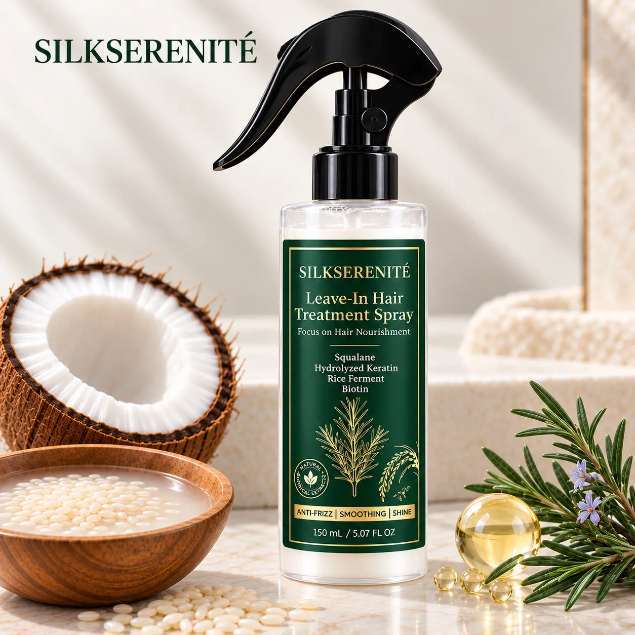 SILKSERENITÉ Rosemary & Rice Water Leave-In Hair Spray - 150mL, Easy-Apply Daily Routine Treatment with Squalane, Biotin, Keratin, Argan Oil, Lightweight Nourishing Spray That Softens Hair