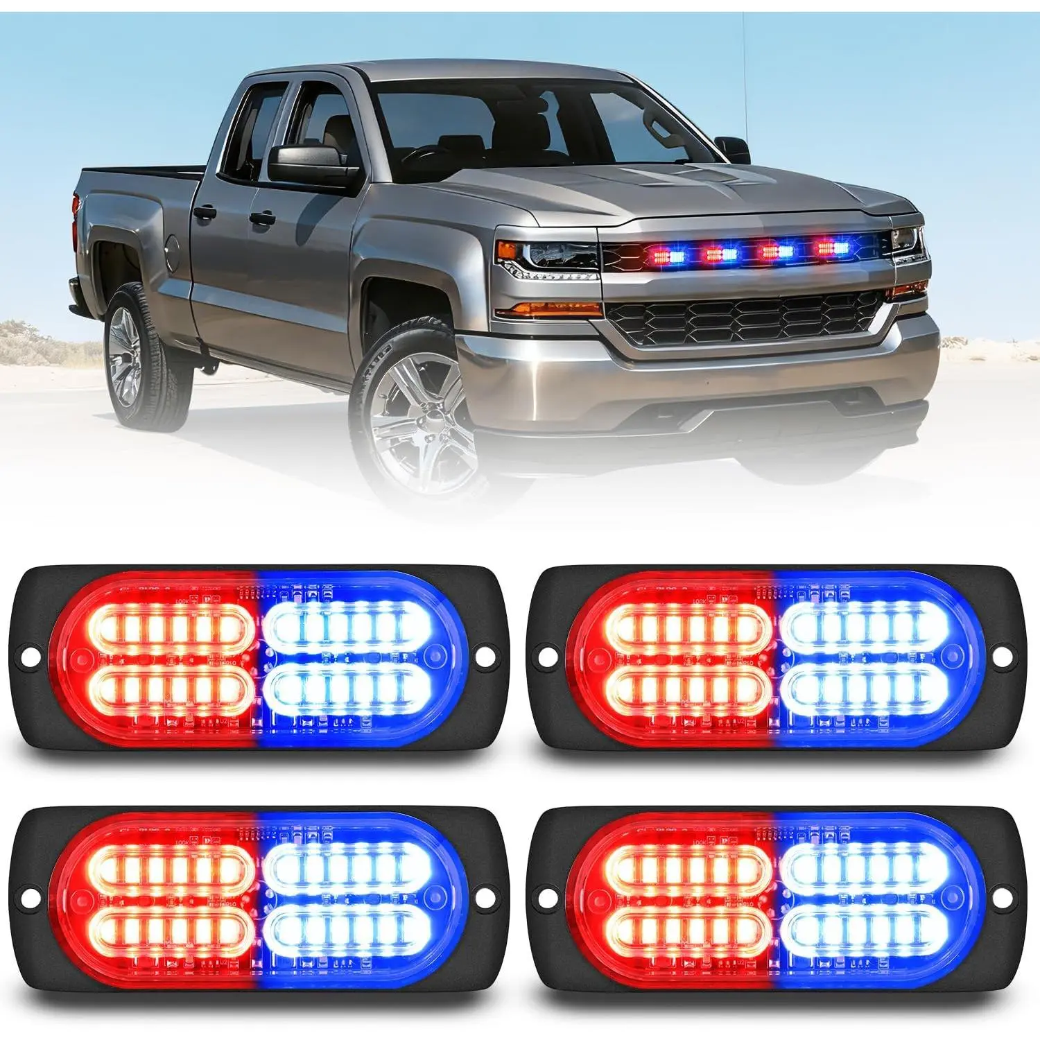 Nilight 4PCS 24LED Strobe Grille Safety Lights - 12V-24V Red Blue Surface Mount, Sync Mode, Side Flasher, Aluminum Base for Emergency Cars, Trucks/SUVs