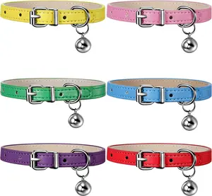 Weewooday 6 Pieces Leather Cat Collar with Bell Cute Pet Leather Kitten Collar for Boy Girl Cats with Safety Elastic Strap for Small Kitten Puppy(Bright Color)