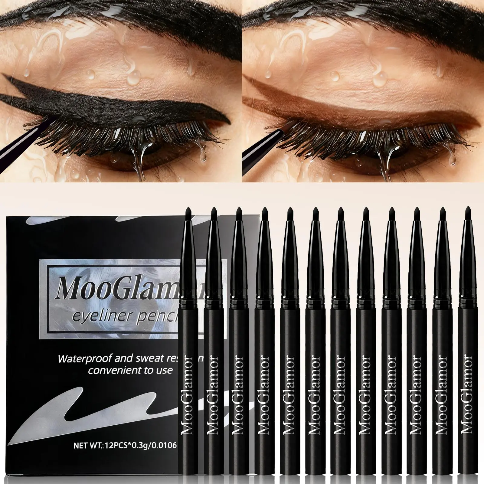 MooGlamor 12Pcs Black Eyeliner Pencil Set Super Waterproof Smudge Proof Long Lasting Makeup Quick Dry Matte Eyeliner Pens Smooth Highly Pigmented Cosmetic