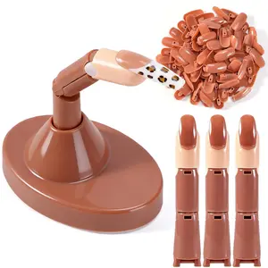 3PCS Adjustable Nail Practice Hand Finger with Base Stand and 100PCS Brown Nail Tips for Acrylic Nails, for Home Salon DIY Beginner (Brown)