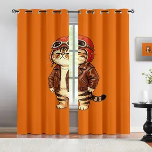 Cat cartoon print pattern, 2 pieces of curtain set, suitable for living room, balcony, and bedroom windows, perfect for home, seasonal, holiday room decoration
