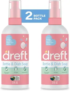 Dreft Bottle and Dish Soap | Made to Clean Baby Bottles, Sippy Cups, Pacifiers, Breast Pumps, & More | Gently Removes Milk Film & Odors | Plant Based, Fragrance Free Dish Soap | 3 Fl Oz (Pack of 2)