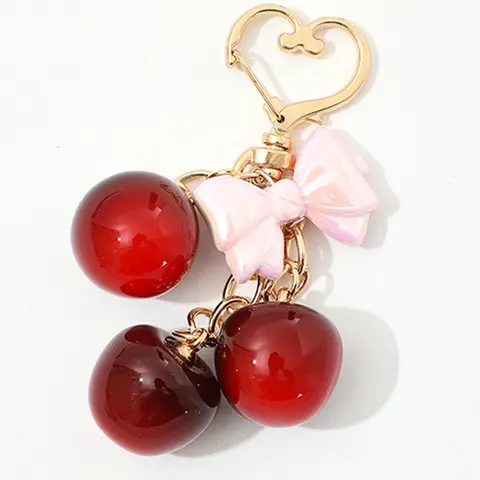 Niche design sweet cherry keychain, love buckle bow decorative keychain pendant, cute bag pendant small pendant, three-dimensional red cherry pink bow exquisite bag pendant, small versatile cherry bag small items, Bag Charm Keychain