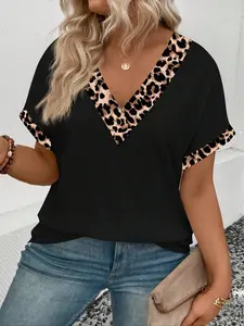 Fashionable Plus Size Casual Chic Fitted Leopard Print Patchwork V-Neck T-Shirt Top, Home Wear, Stylish Loose Fit, Comfortablepajamas Daily Wear, Fitted, Womenswear