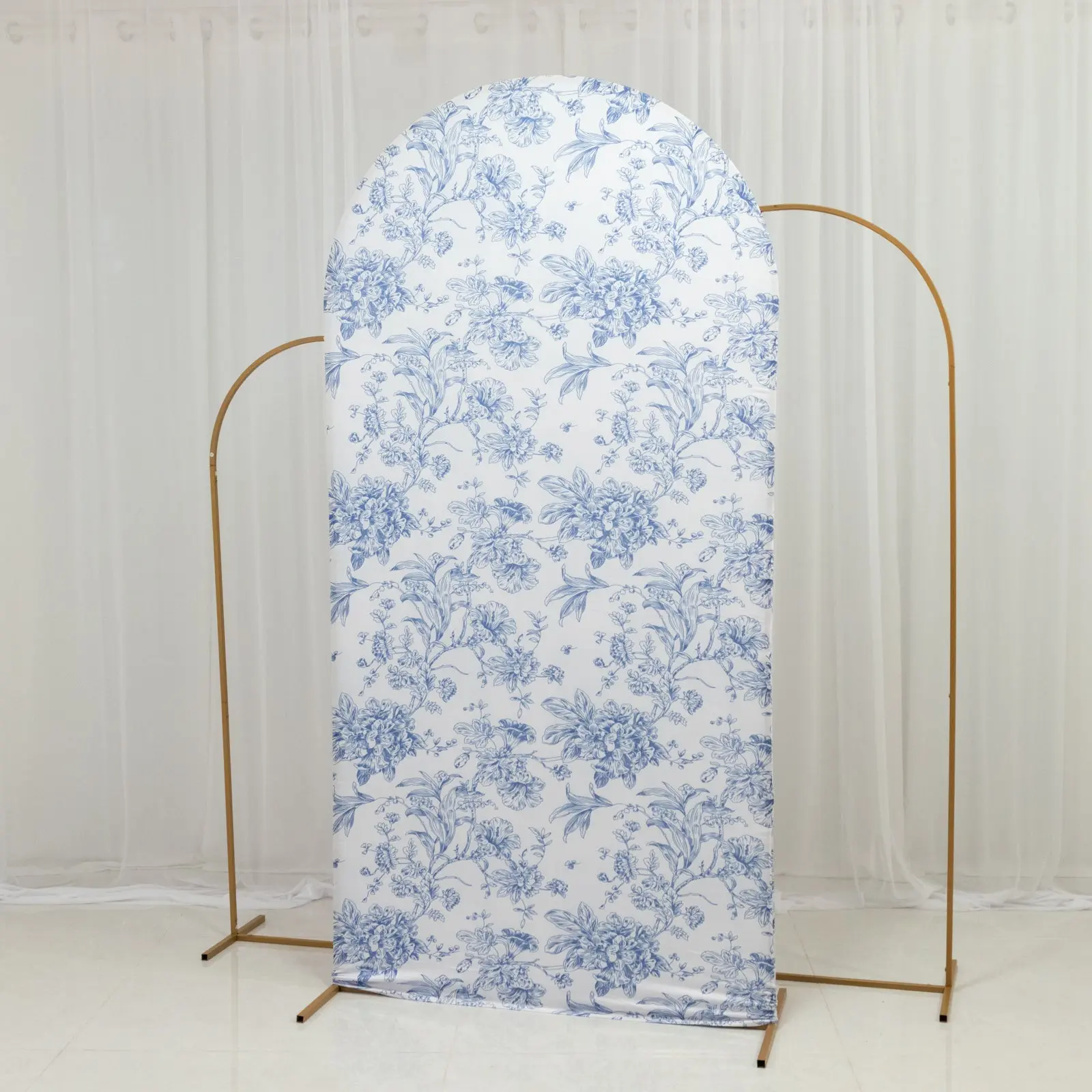 7ft Fitted Spandex Chiara Backdrop Cover – French Toile Blue & White Floral Arch Slipcover for Round Top Wedding Stand