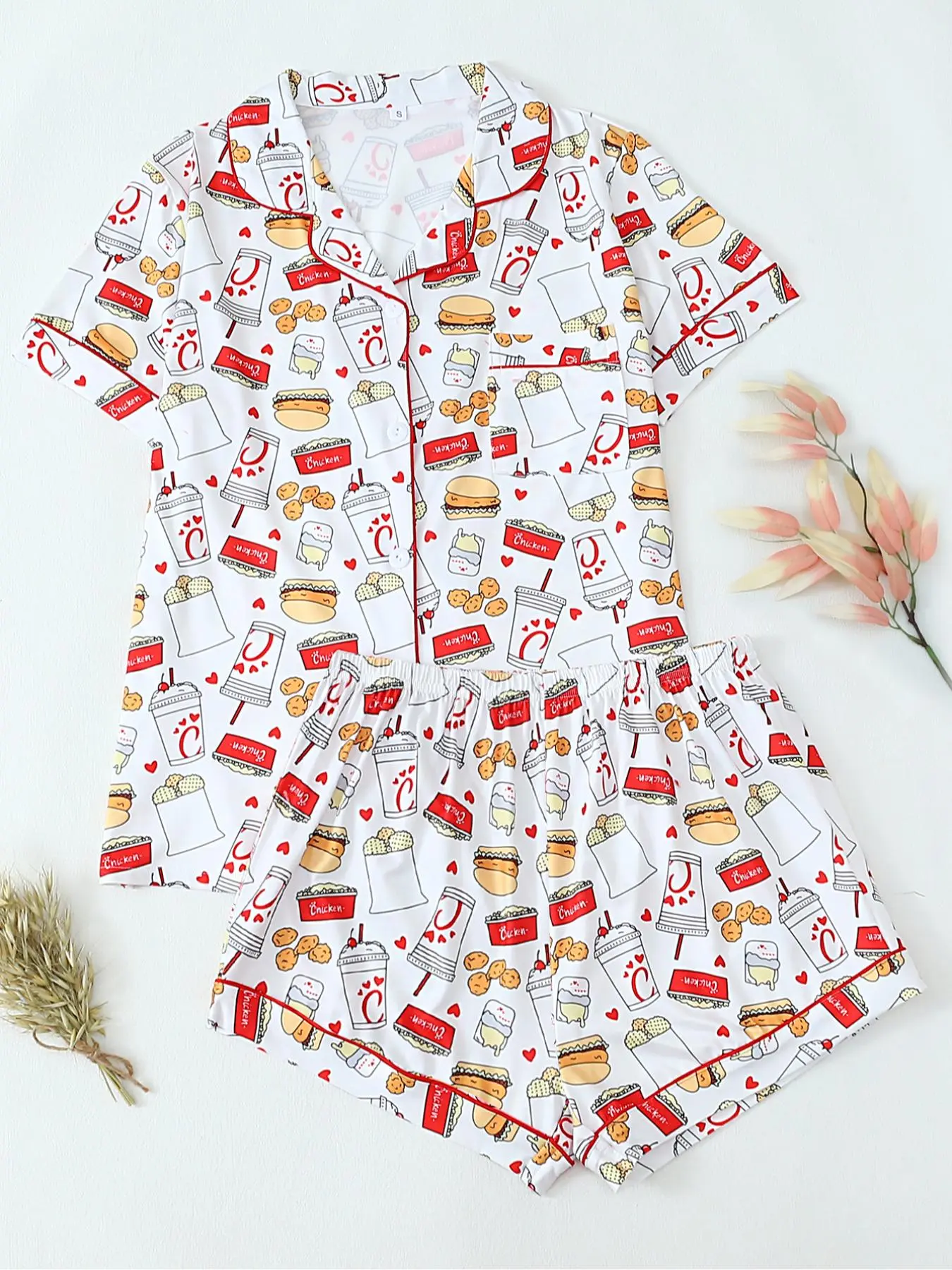 Women's All Over Print Short Sleeve Top & Shorts Pyjama Two-piece Set, Casual Comfy Top & Shorts Set, Ladies Sleepwear for All Seasons, Casual Sleepwear Loungewear, Loungewear Shorts Sets, Pajama Set, Pajamas