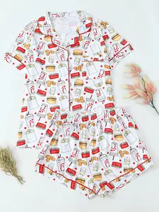 Women's All Over Print Short Sleeve Top & Shorts Pyjama Two-piece Set, Casual Comfy Top & Shorts Set, Ladies Sleepwear for All Seasons